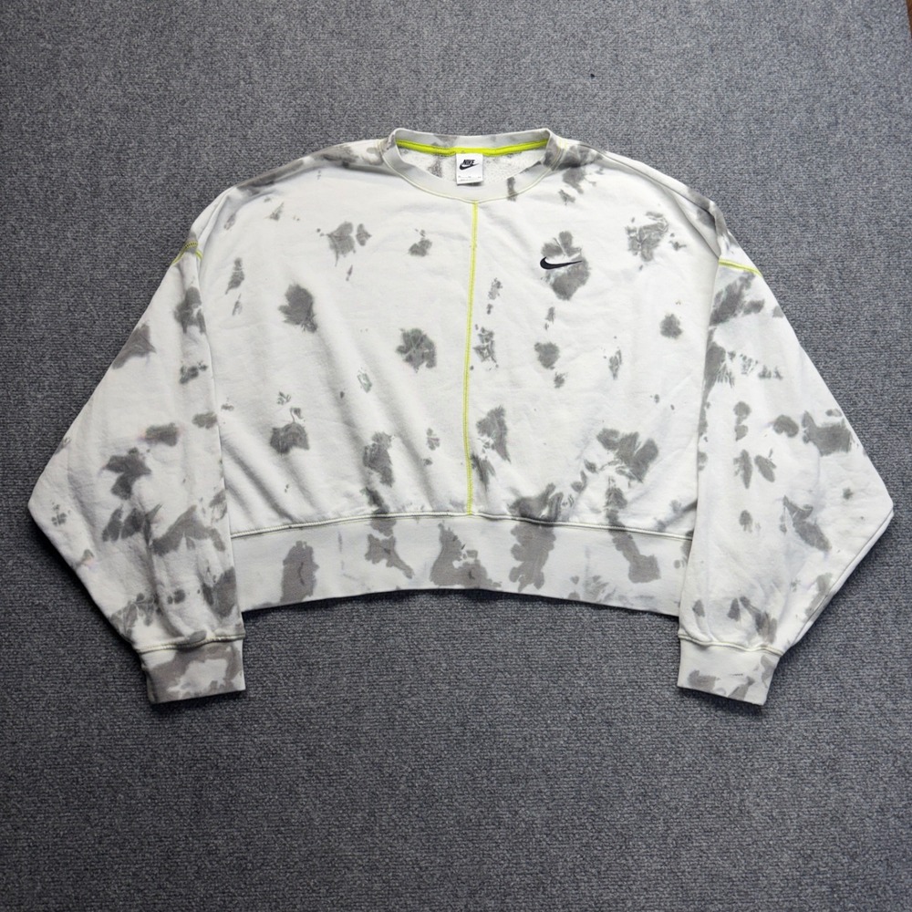 Nike Womens Tie Dye Cropped Sweatshirt XL Grey White Neon Yellow Swoosh 1813